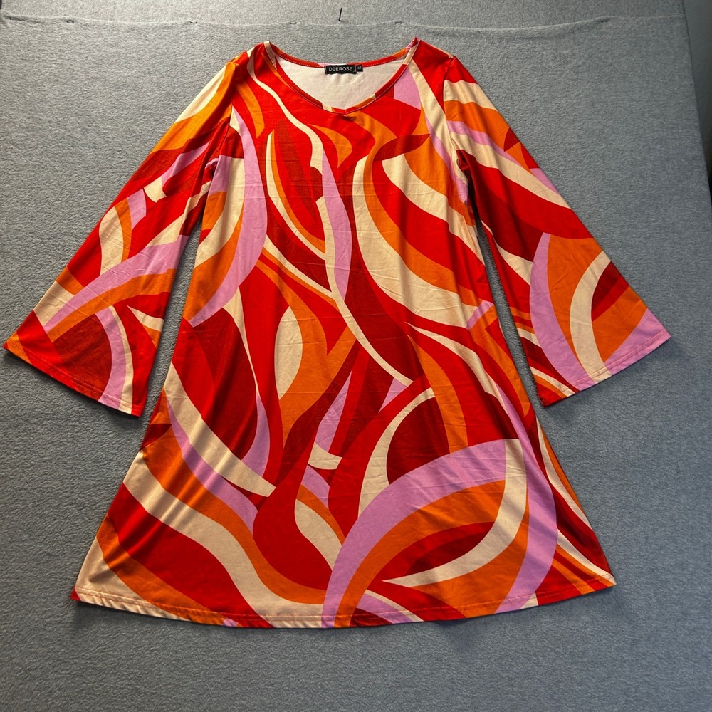 Shift Dress Womens XL Red Orange Retro Swirl Print Bell Sleeve Mod Boho Deerose